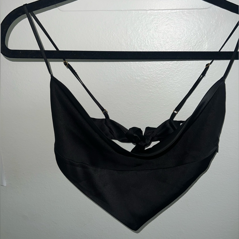 Danielle Bernstein satin cowl neck handkerchief style crop top. Ties in back